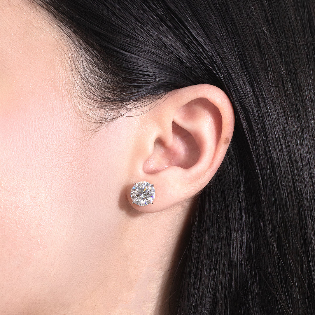 Diamond Stud Earrings on Ear, White Gold, Lab Grown.