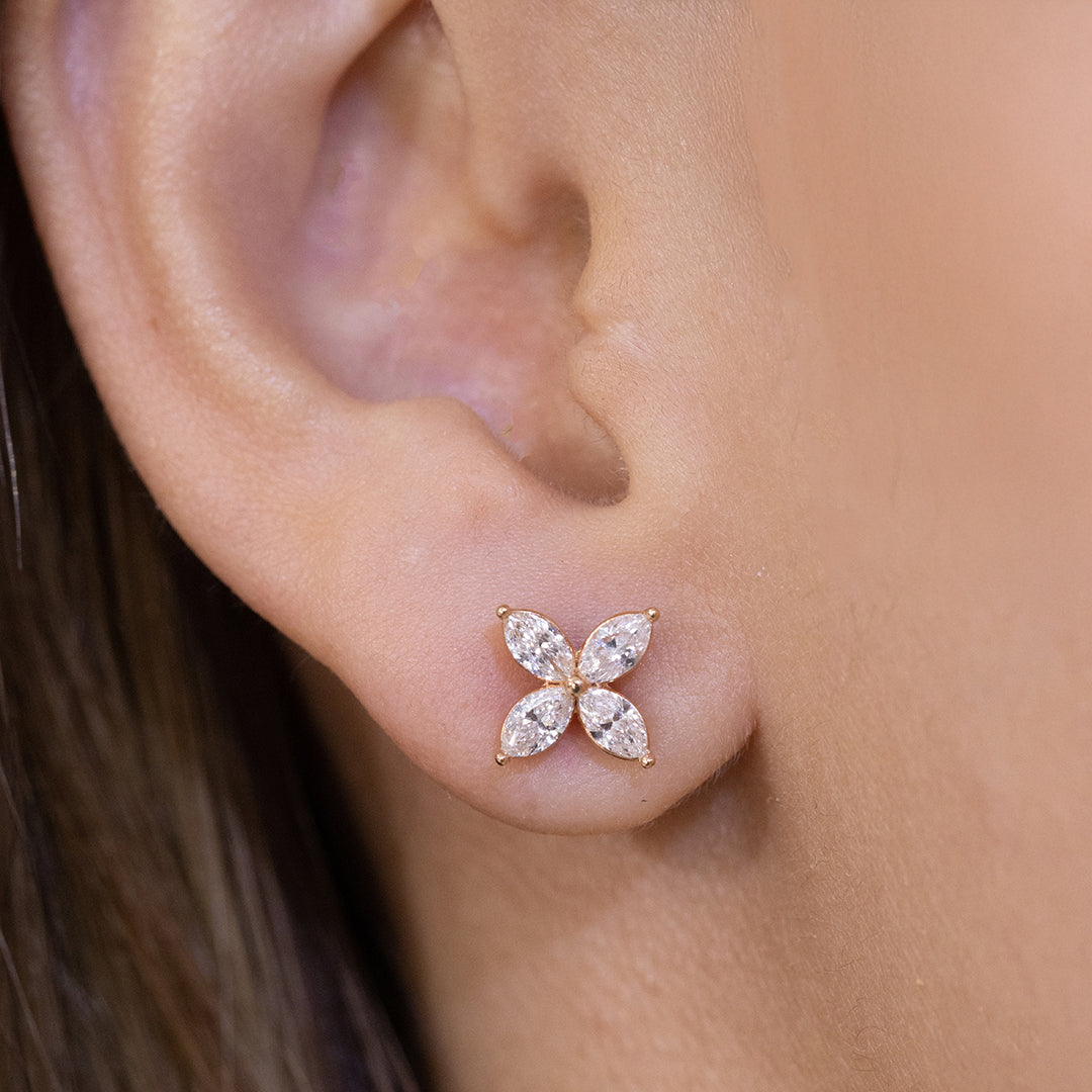 Diamond stud earring on ear, close-up.