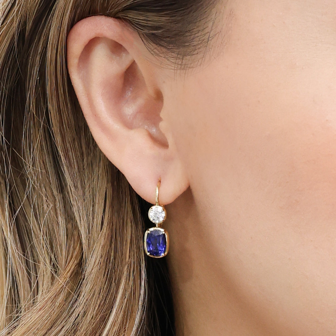Sapphire Diamond Double Drop Earrings on Ear, Gold.