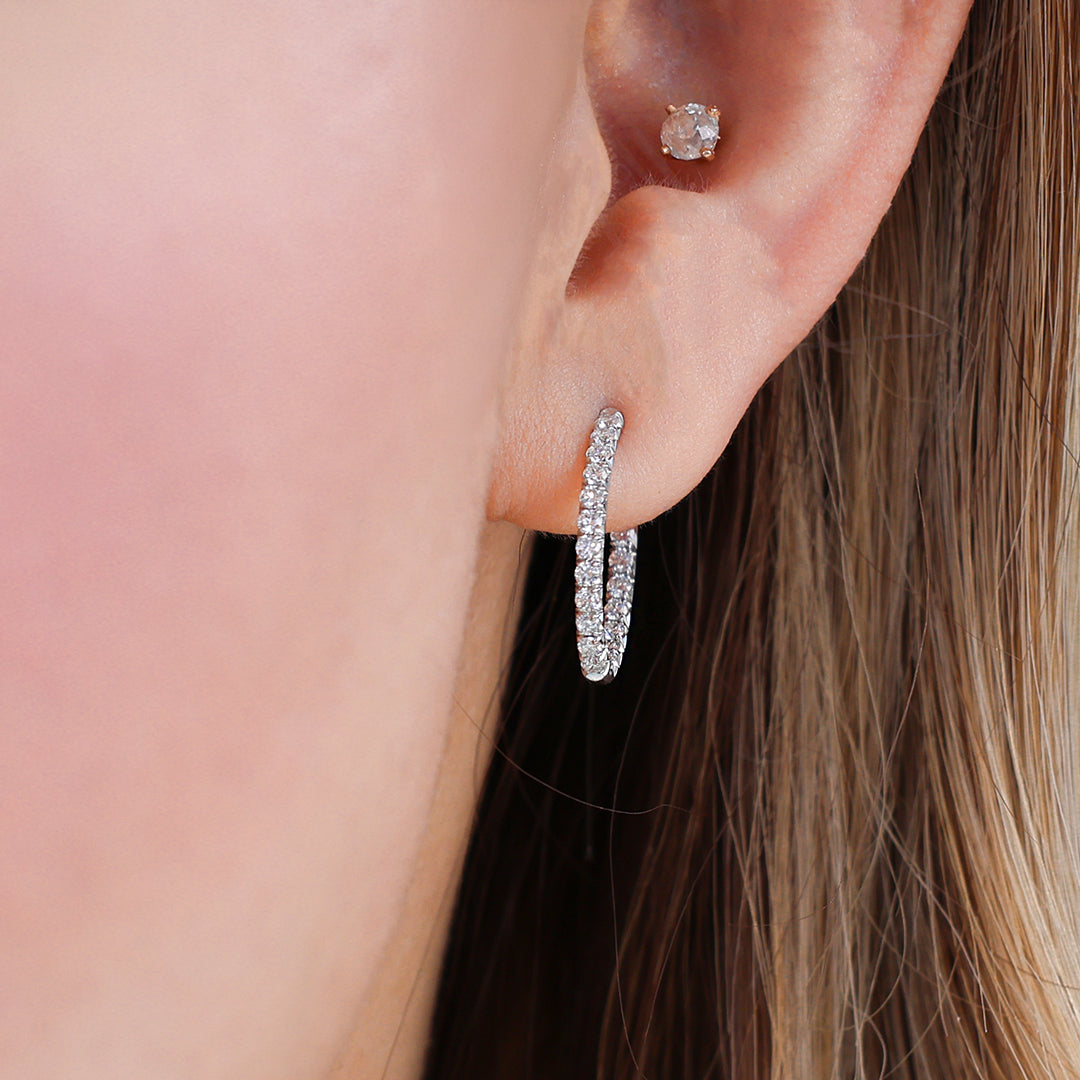 Diamond Hoop Earrings on Ear, White Gold, Pavé