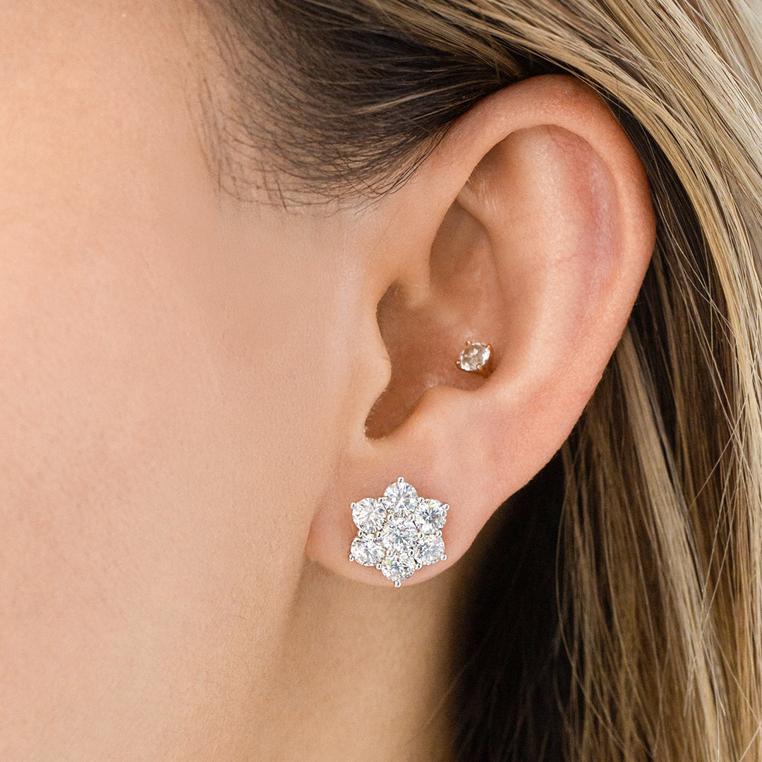 La Fleur Diamond Stud Earrings on Ear, White Gold.