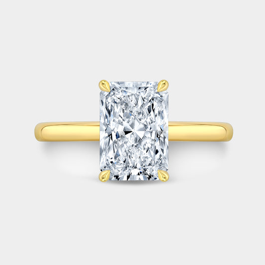 Yellow gold radiant ring, top view, hidden halo.