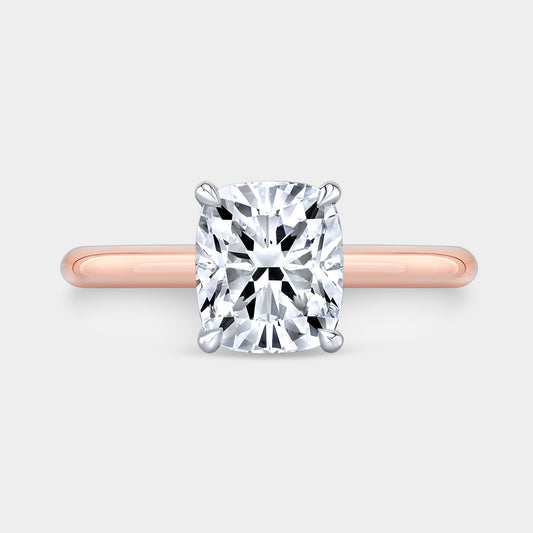 Cushion ring, top down, halo, solitaire, two tone.