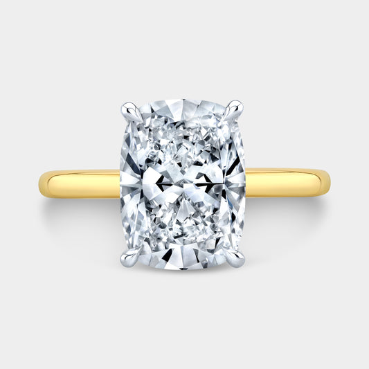 Cushion ring, top down, halo, solitaire, two tone.