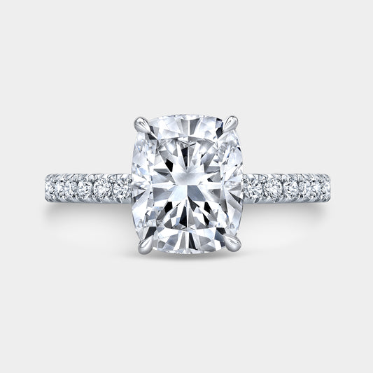 Cushion ring, top down, halo, pave band.