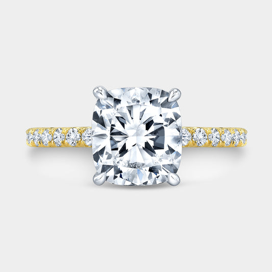 Cushion ring, top down, halo, pave, two tone.