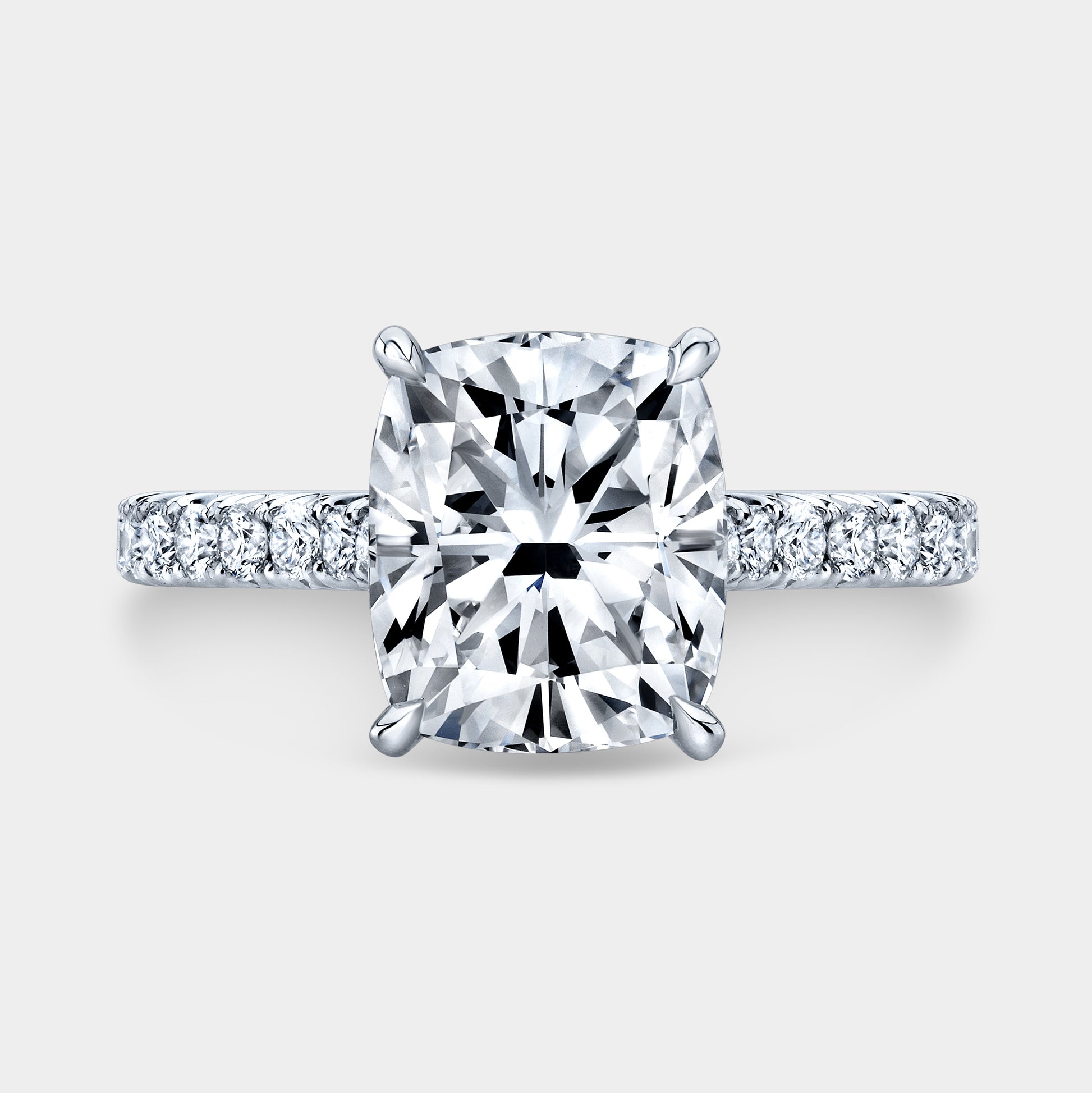 Cushion diamond halo ring, white gold band.