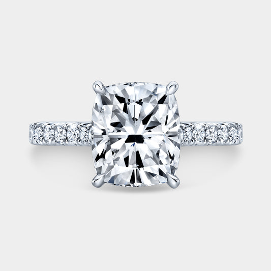 Cushion diamond halo ring, white gold band.