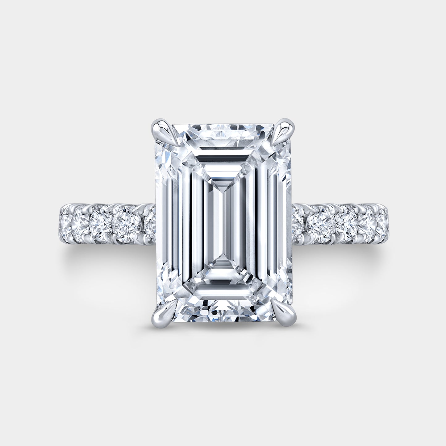 4ct emerald diamond engagement ring, low profile setting.