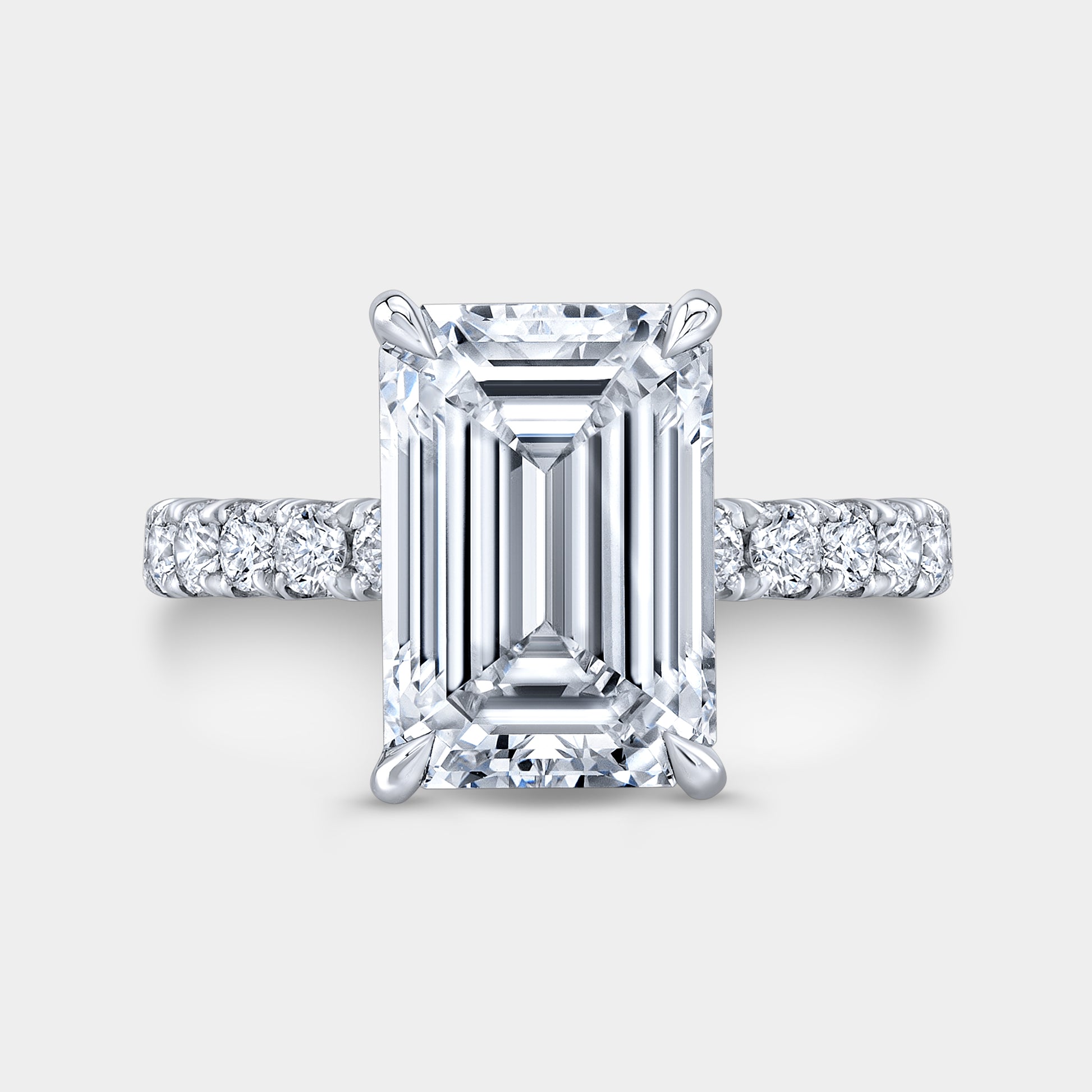 4ct emerald diamond engagement ring, low profile setting.