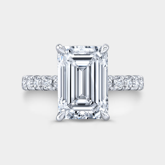 4ct emerald diamond engagement ring, low profile setting.