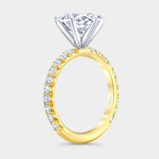 Two tone round diamond ring, 45 degree angle.