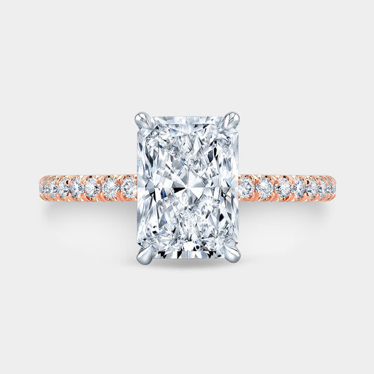 Radiant ring, top down, halo, U pave, two tone.