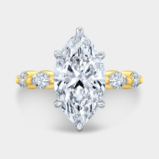 Two tone marquise ring, top view, hidden halo.