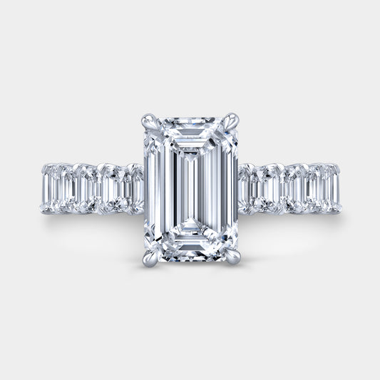 3ct emerald diamond engagement ring, shared prong settings.