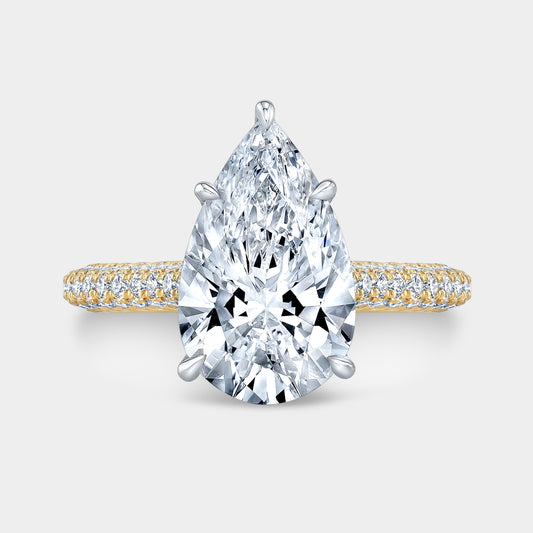 Two tone pear diamond ring, top view, hidden halo.