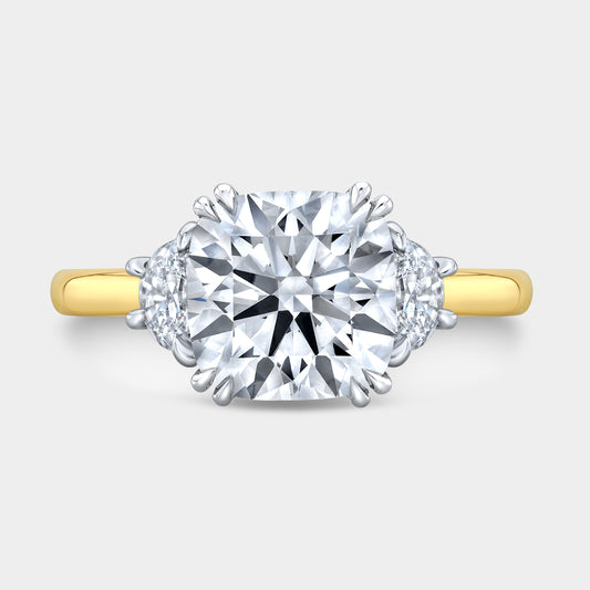 Cushion ring, top down, halo, half moon sides, two tone.