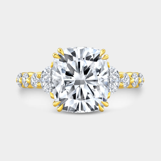 Yellow gold cushion diamond ring, top view, hidden halo.