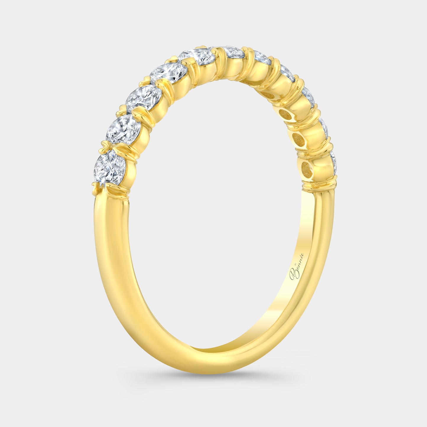 Yellow Gold 1/2 Way Wedding Band on Hand, Round Diamonds.