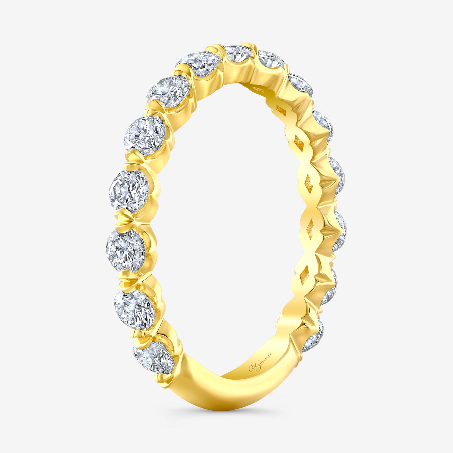 Yellow Gold Petite 3/4 Way Band, Round Diamonds, Crown Cut.