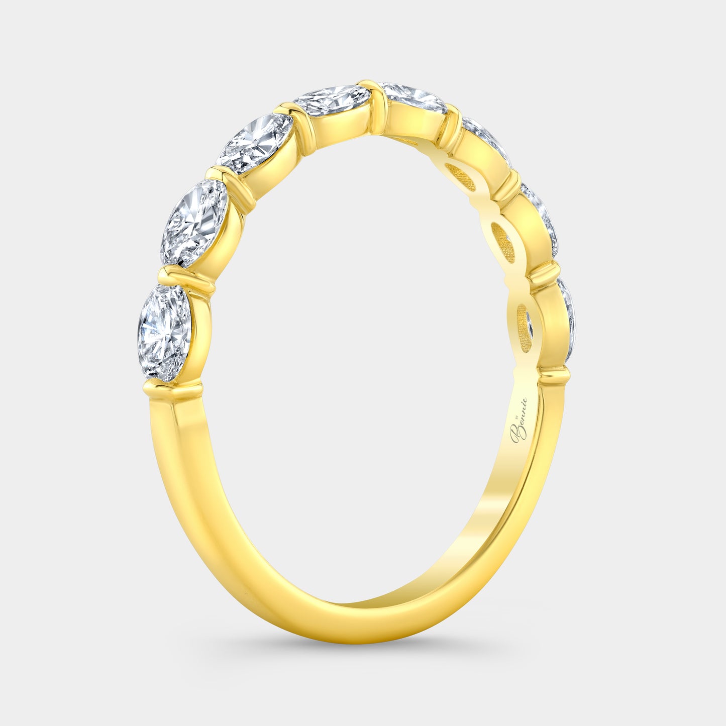 Yellow Gold 1/2 Way Wedding Band, East West Oval Diamonds.