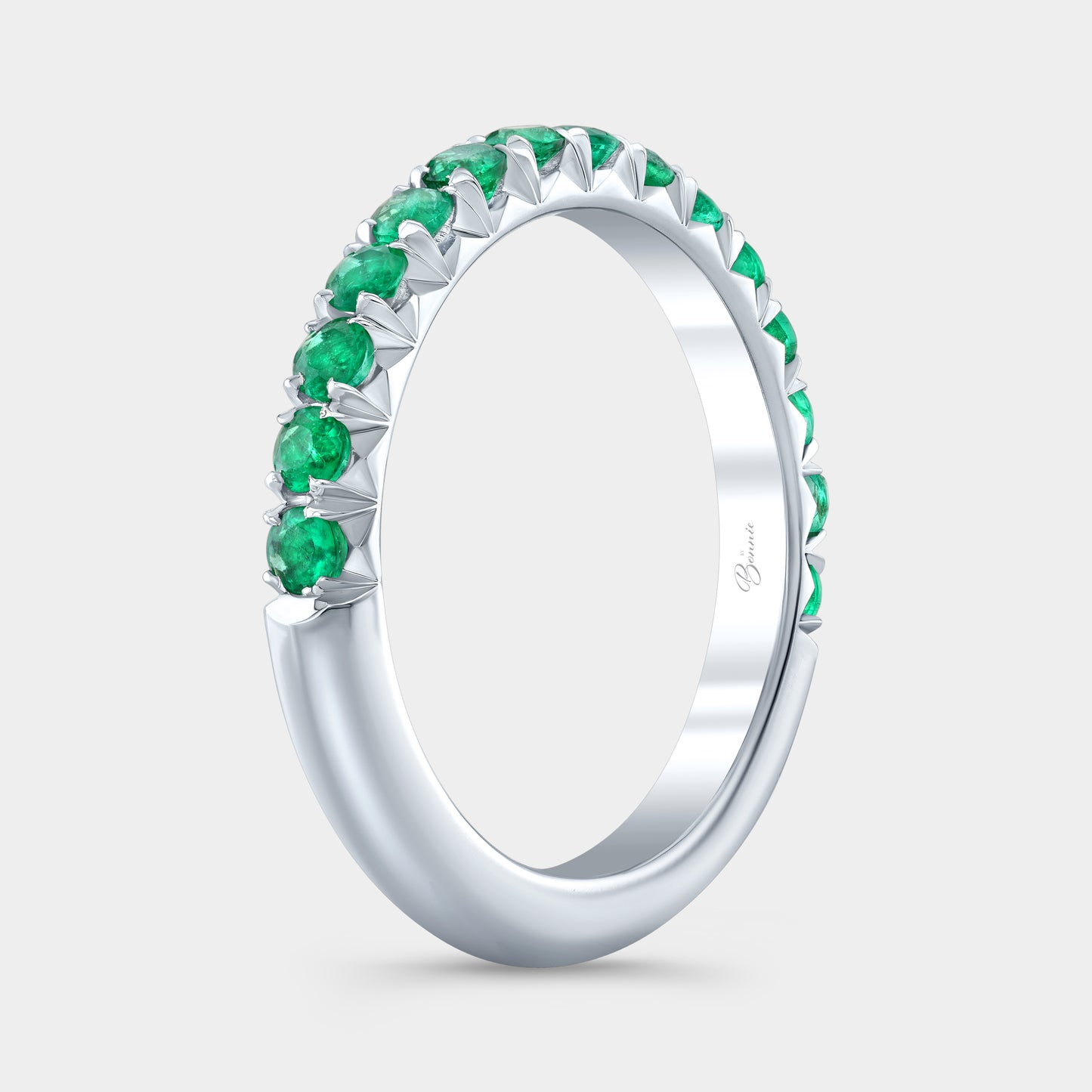 Platinum Wedding Band, Natural Green Emeralds, French Pavé.