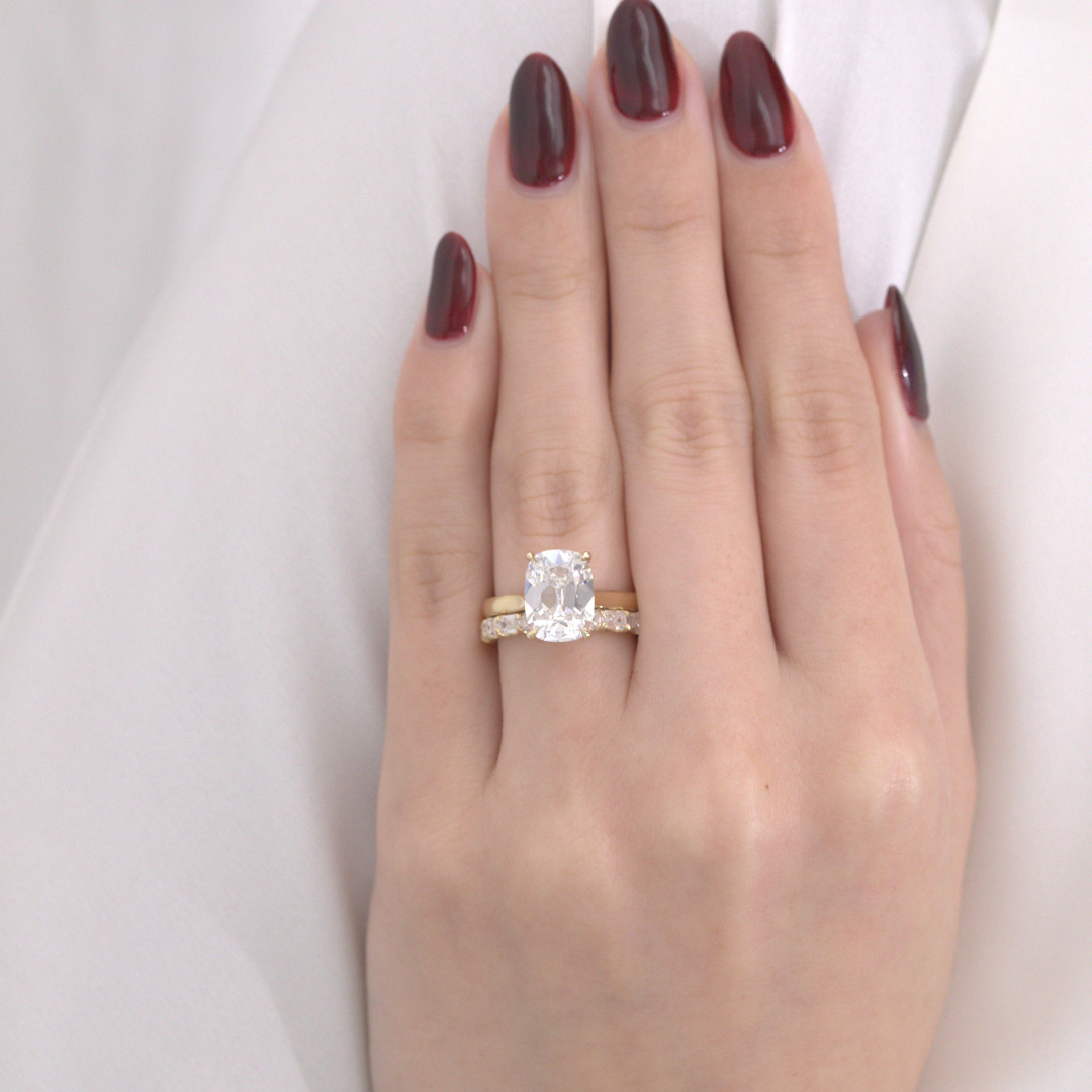 Cushion Diamond Old Mine Hidden Halo Tapered Cathedral Solitaire Yellow Gold Engagement Ring
