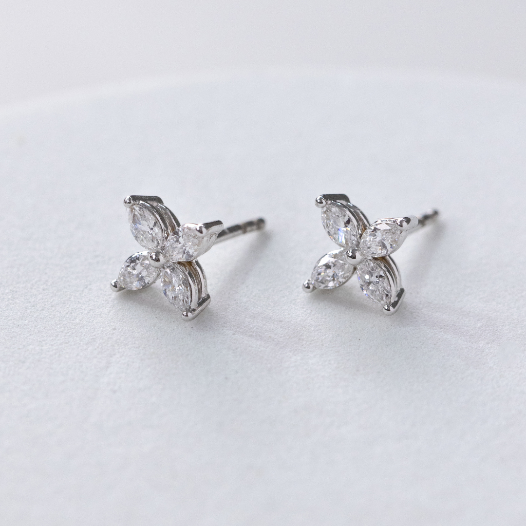 Marquise diamond stud earrings, white gold.