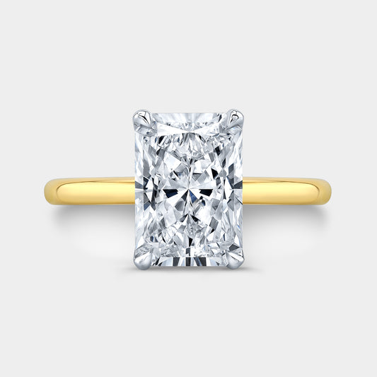 Two tone radiant ring, top view, tulip solitaire.