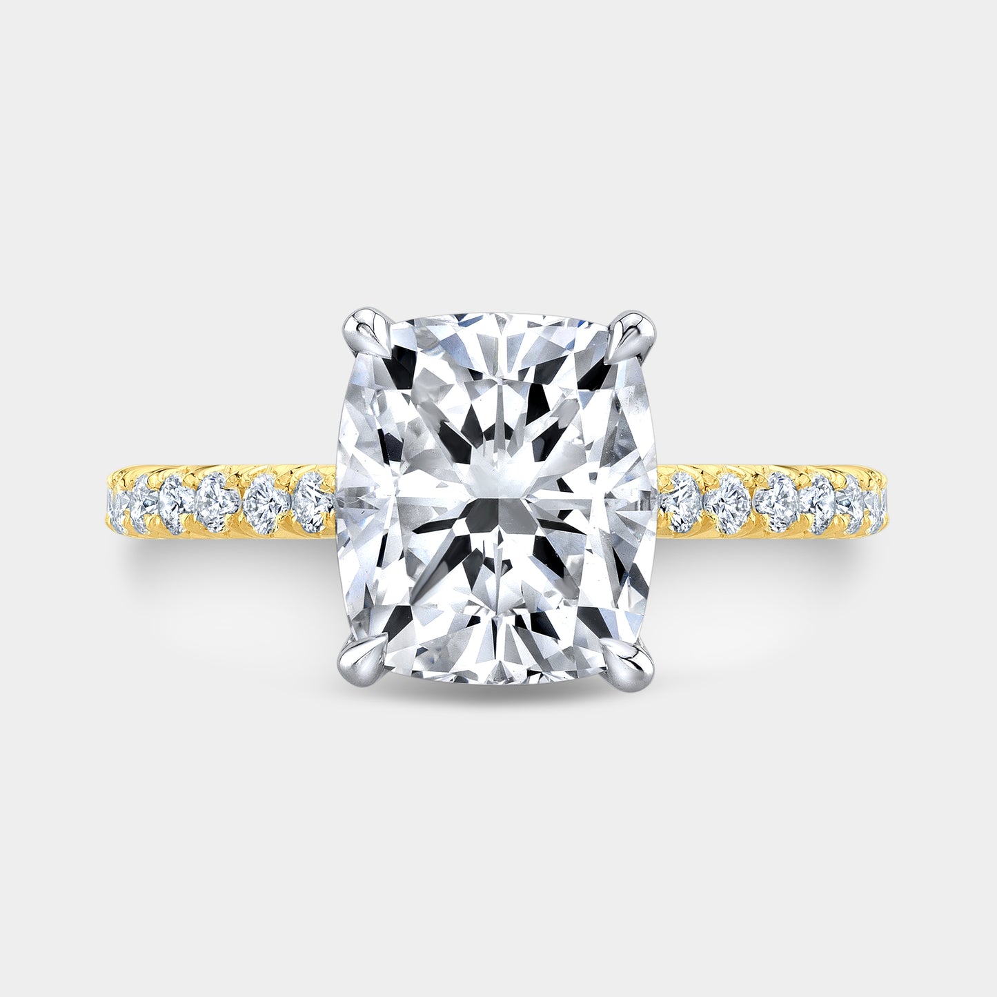 Two tone cushion ring, top view, tulip pave.