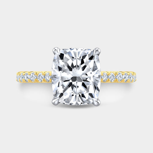 Two tone cushion ring, top view, tulip pave.