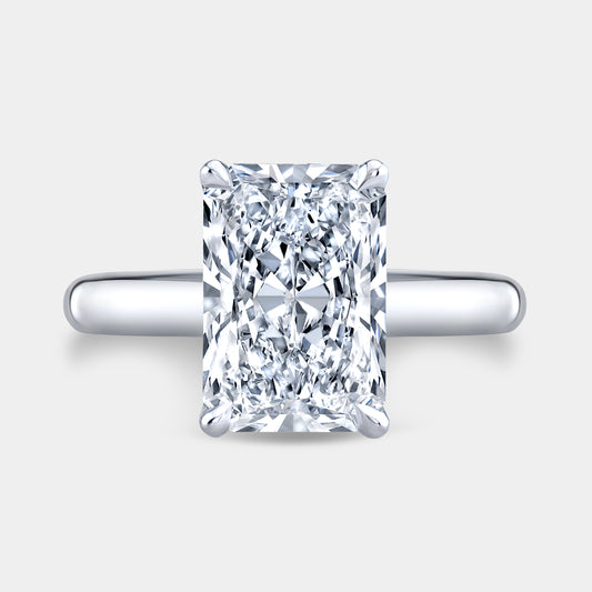 3ct radiant engagement ring, white gold band.