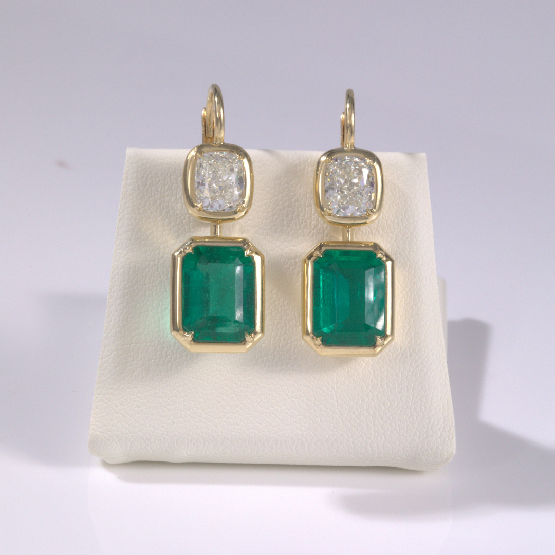 Natural Green Emerald & Natural Cushion Diamond Double Drop Earrings