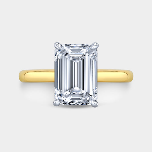 Emerald ring, top down, halo, solitaire, two tone.