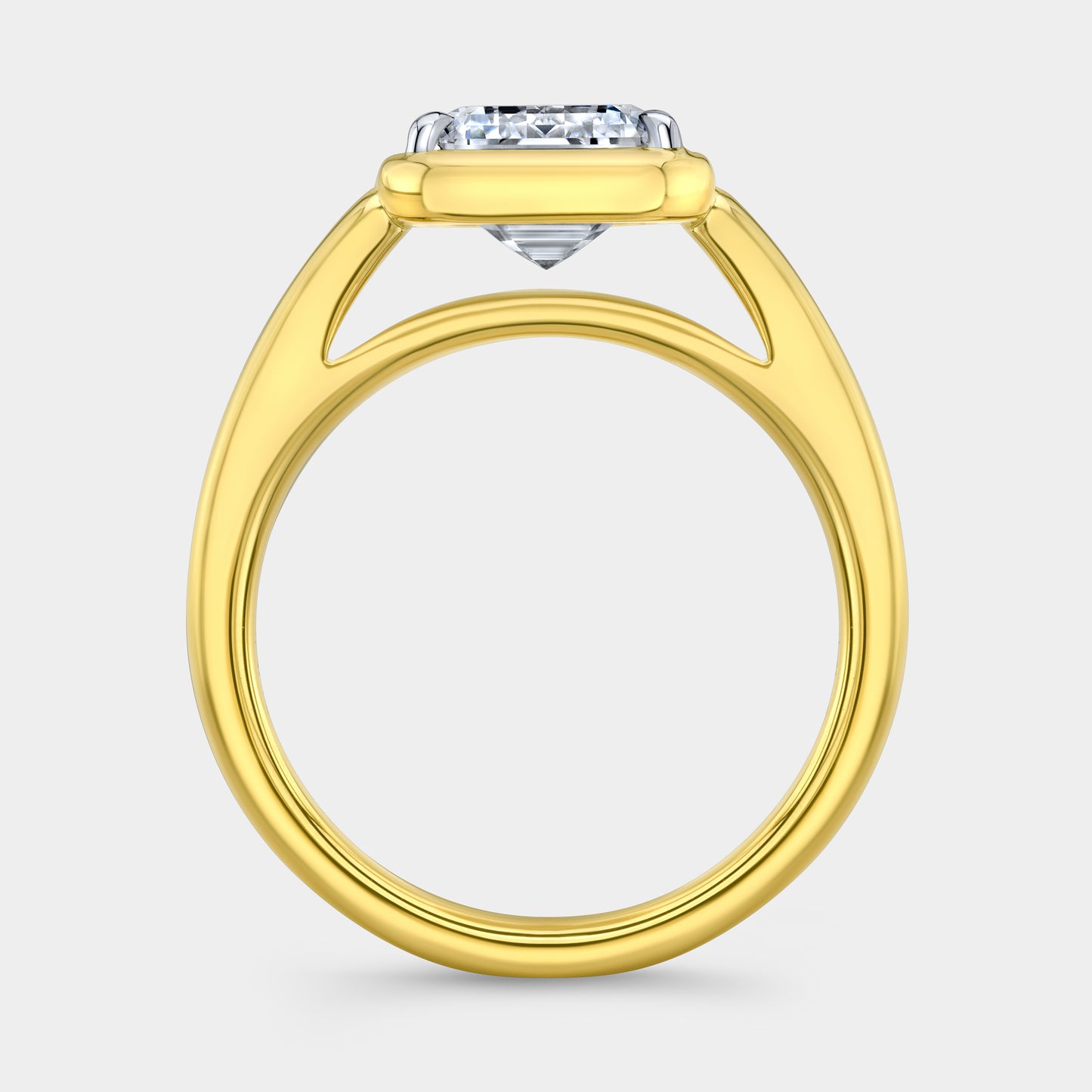 Emerald solitaire ring, yellow gold & platinum, bezel.