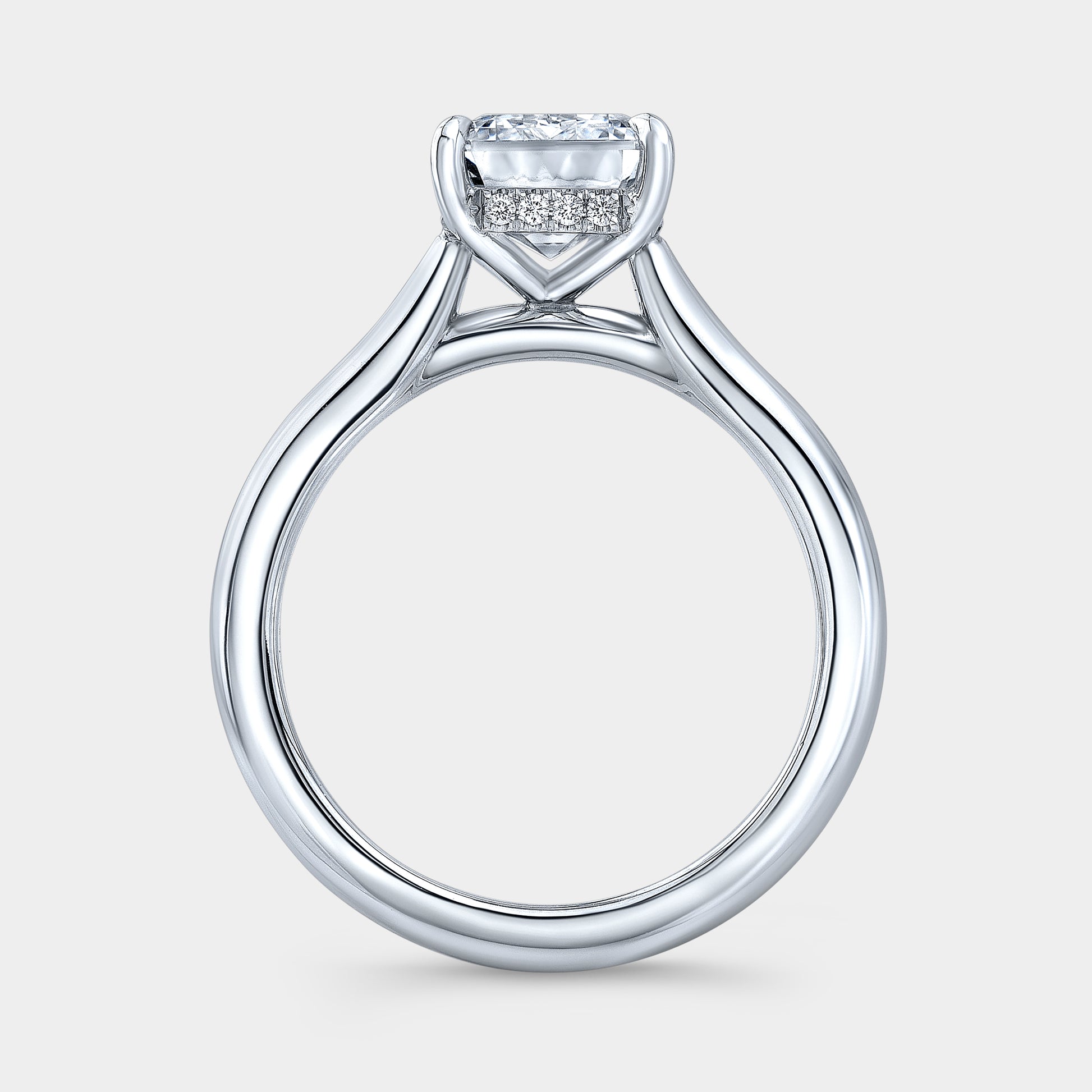 White gold ring, cathedral setting and halo detail.
