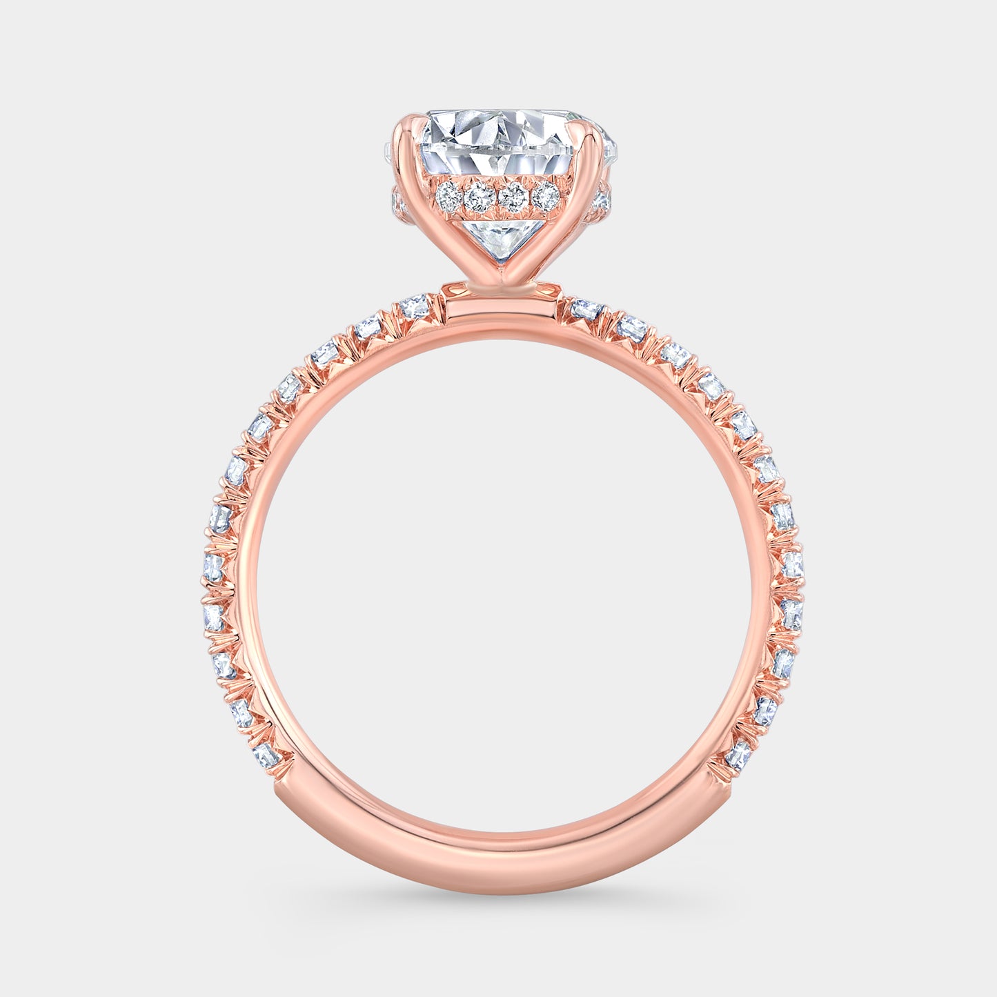 Rose gold oval ring, hidden halo, pave band.