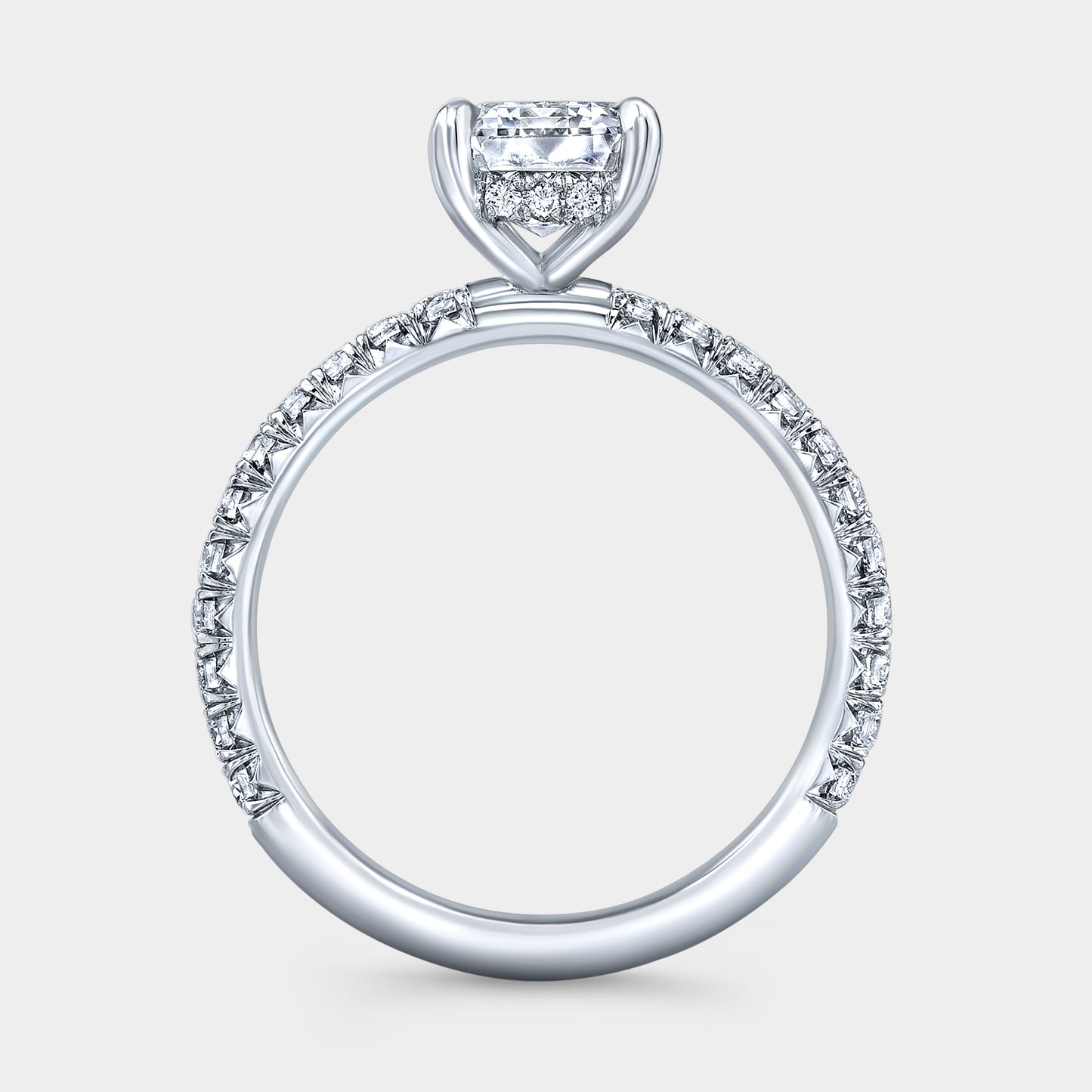 White gold ring, cathedral setting and pave detail.