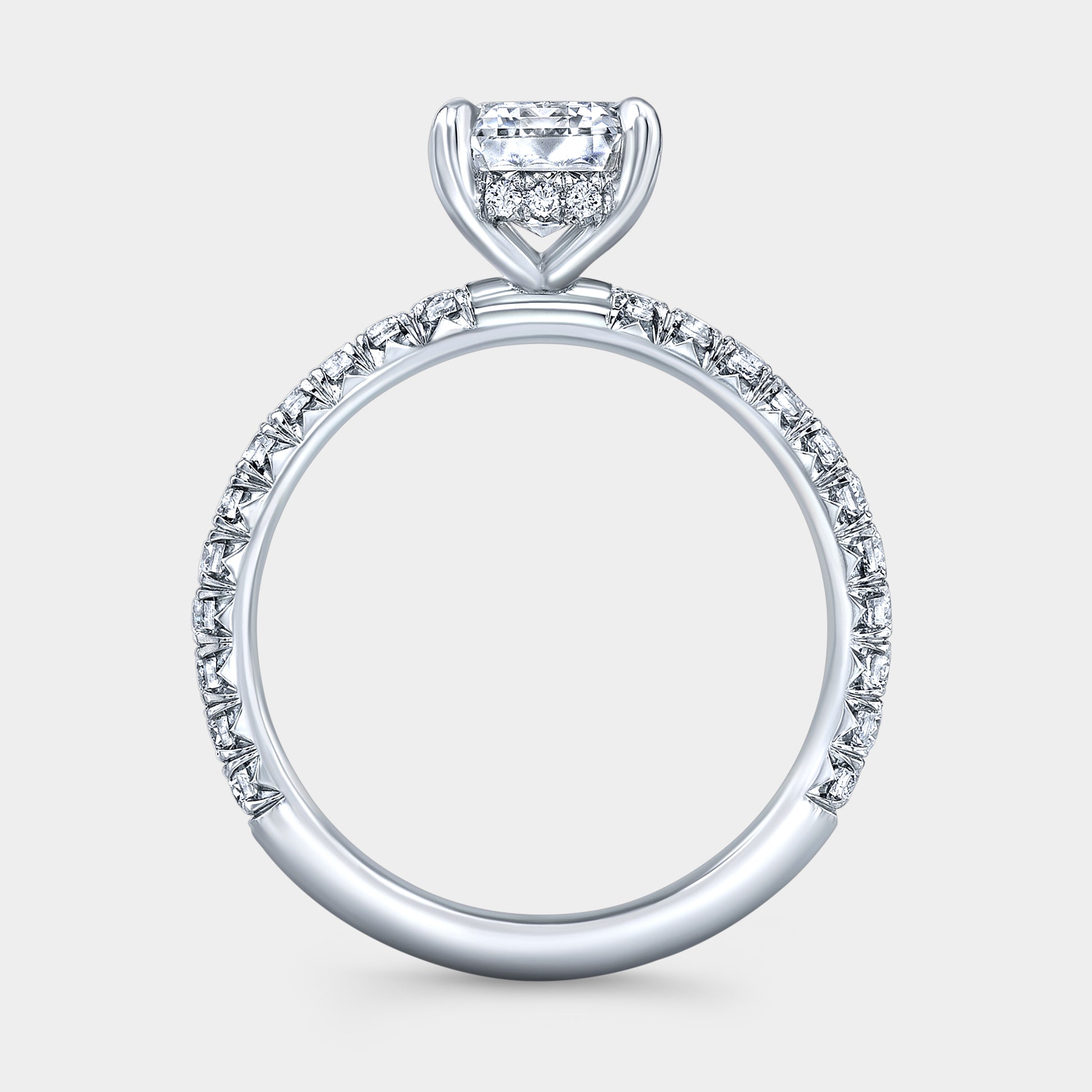 White gold ring, cathedral setting and pave detail.