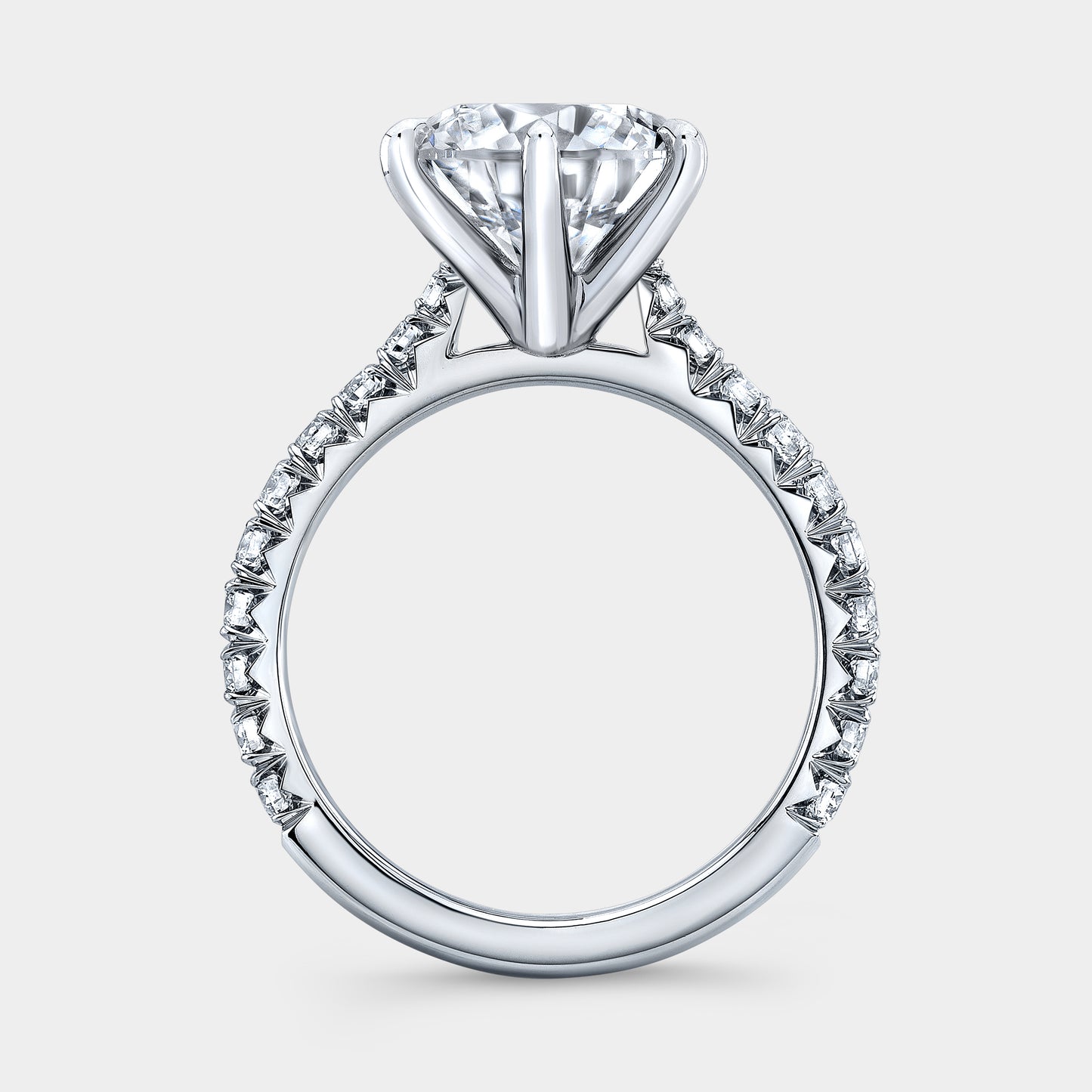 Platinum round diamond ring, cathedral, pave, 6 prong.