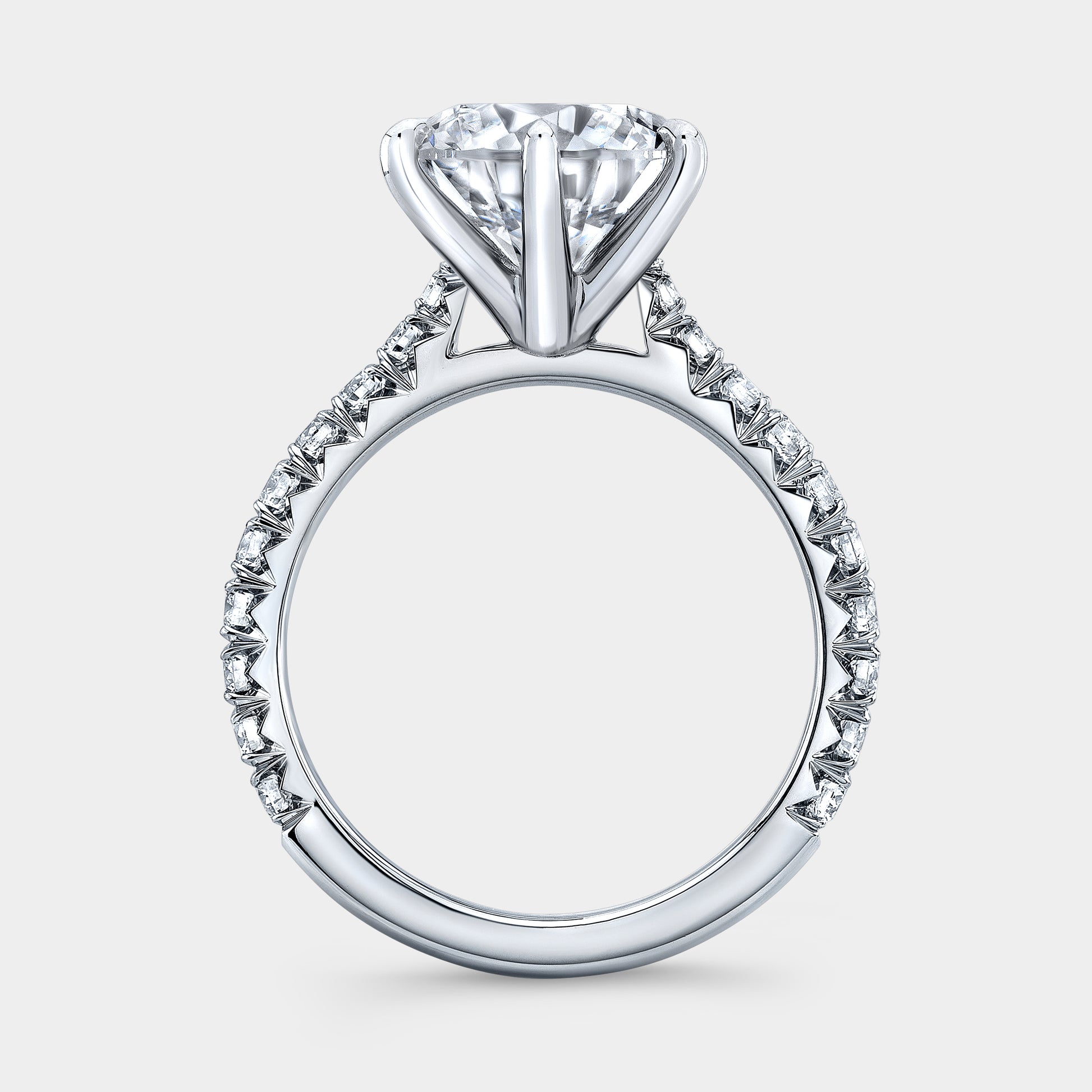 Platinum round diamond ring, cathedral, pave, 6 prong.