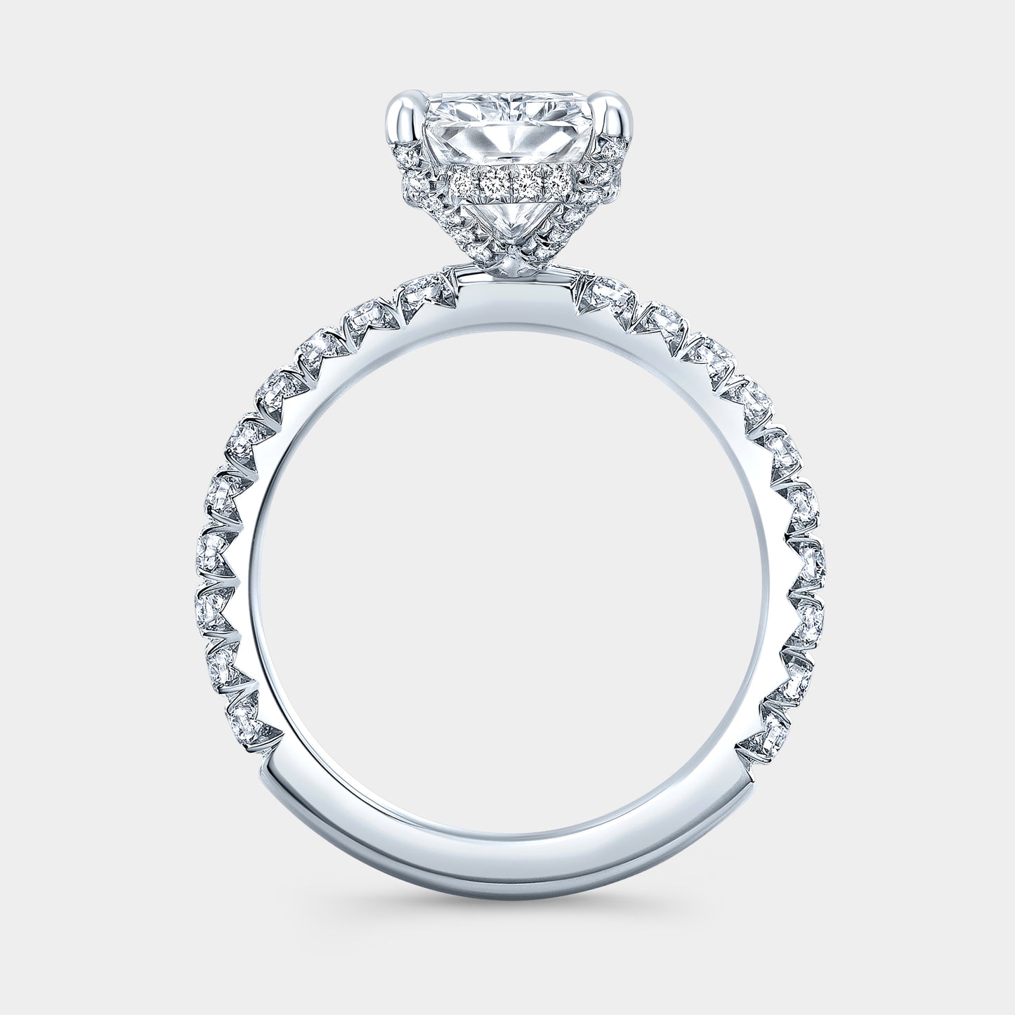 Platinum radiant ring, full diamond basket, pave band.
