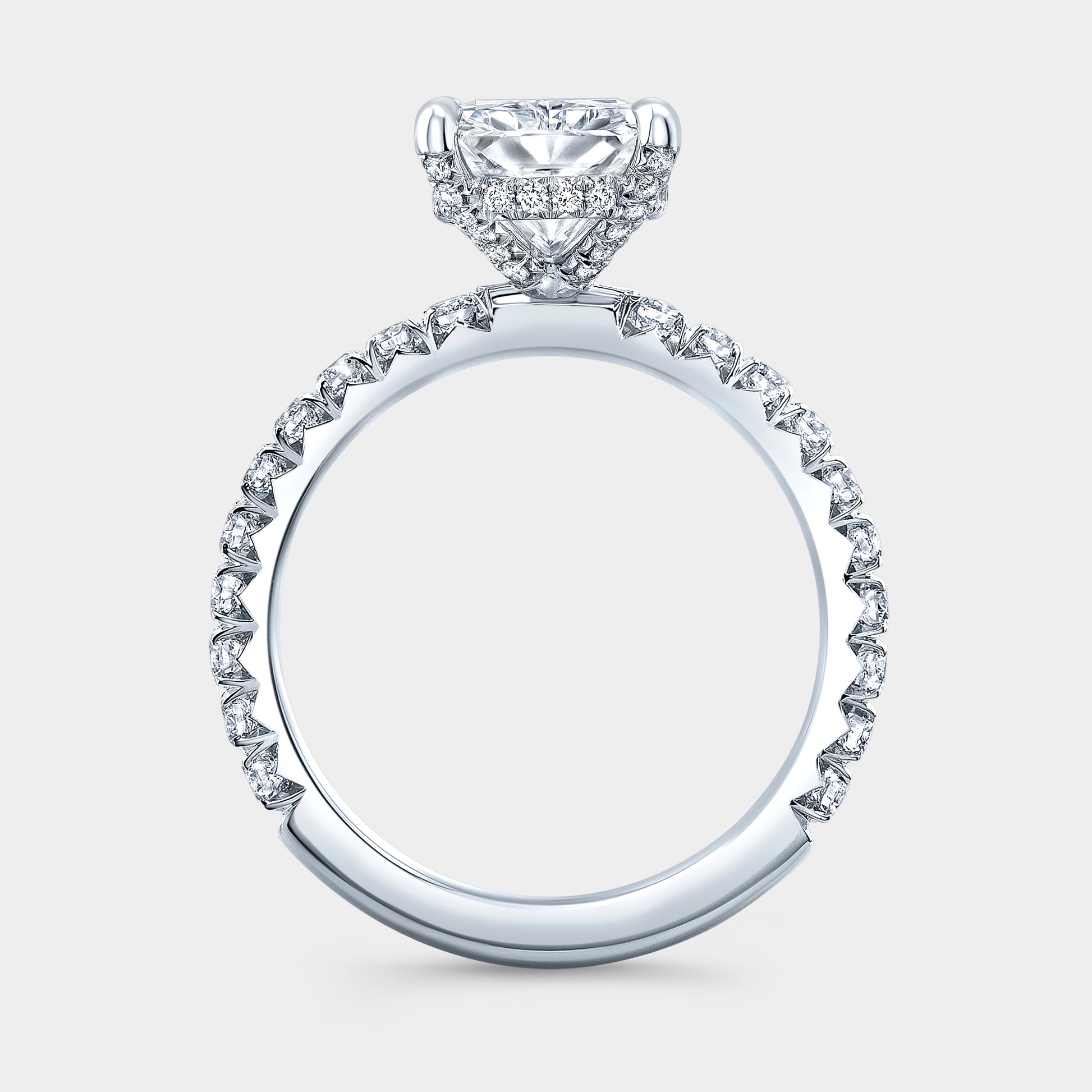 Platinum radiant ring, full diamond basket, pave band.
