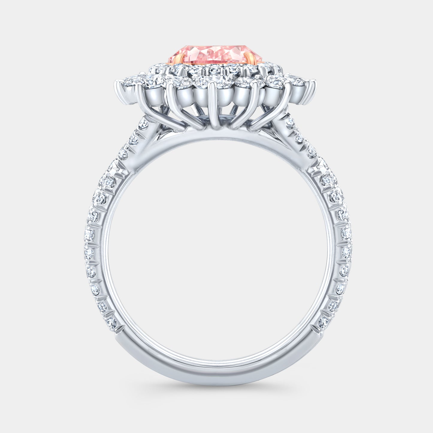 Two tone pink pear diamond ring, halo, pave twist.