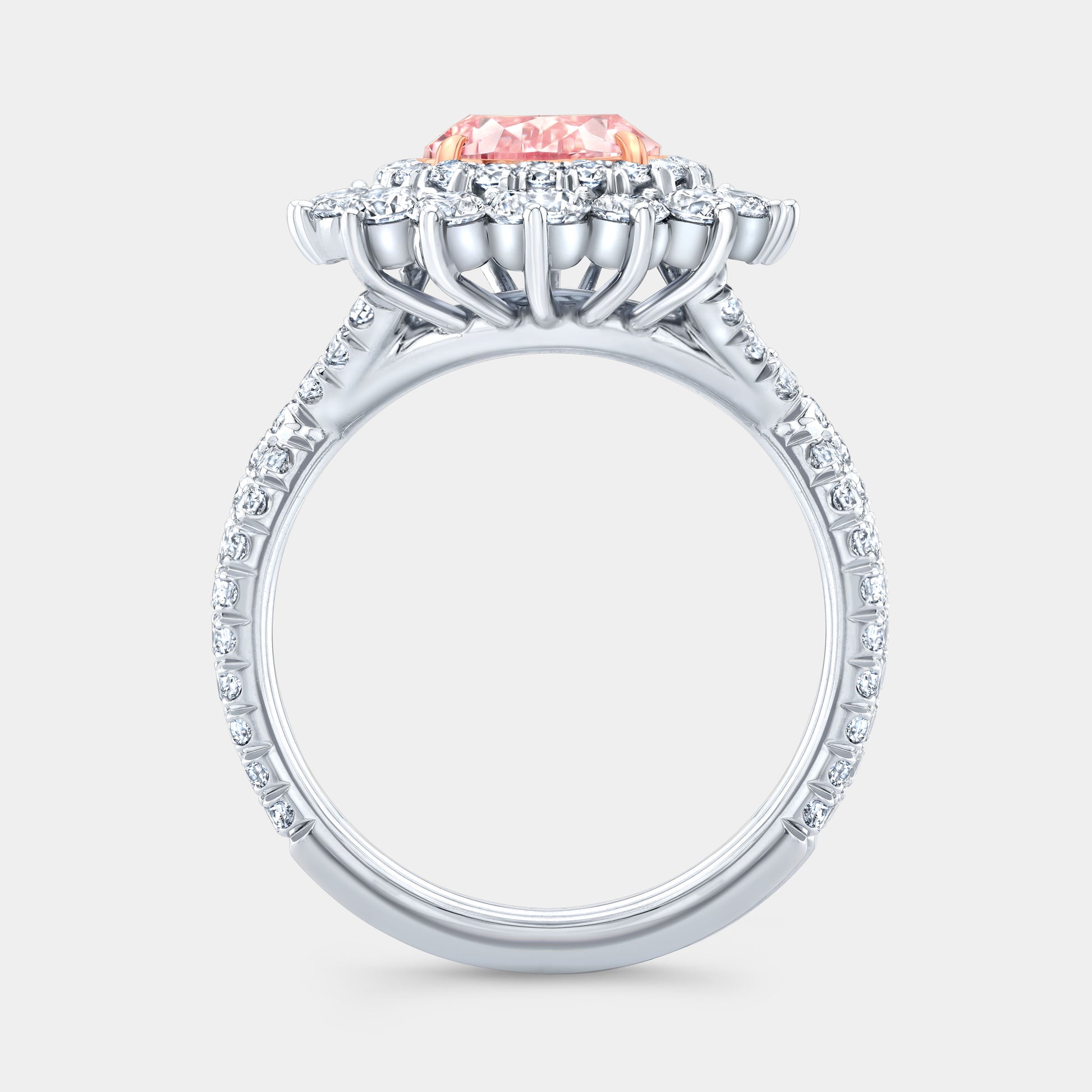 Two tone pink pear diamond ring, halo, pave twist.