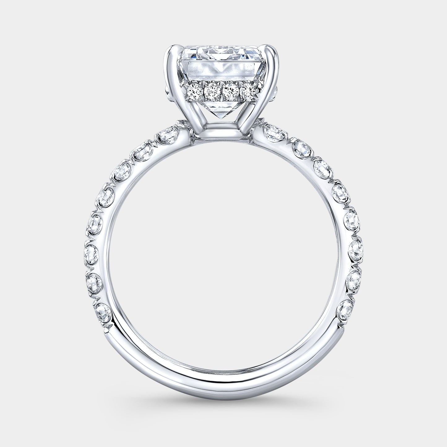White gold ring, U pave setting and halo detail.