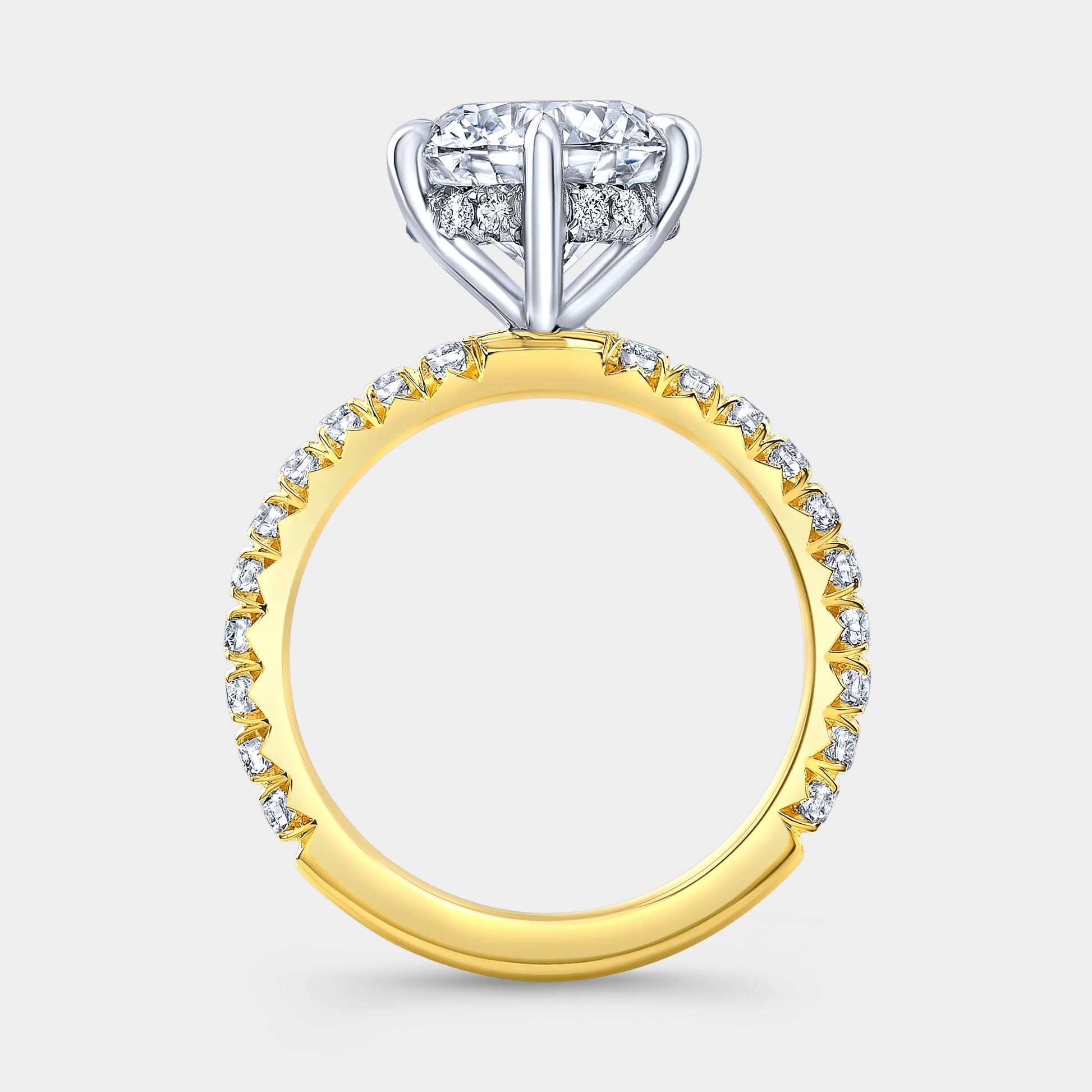 Two tone round diamond ring, halo, 6 prong, pave.