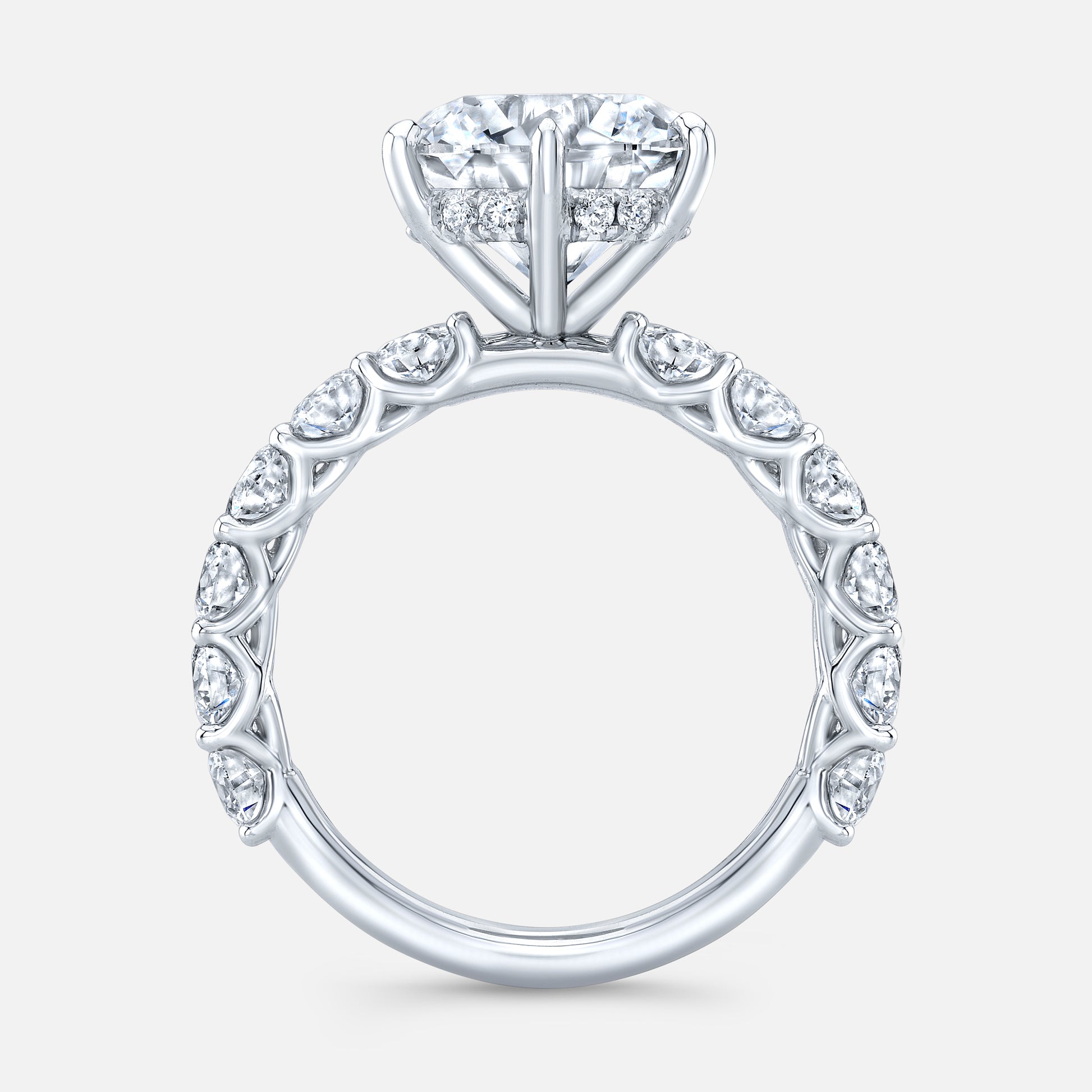 Diamond ring, side view, halo and prongs.