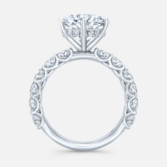 Diamond ring, side view, halo and prongs.