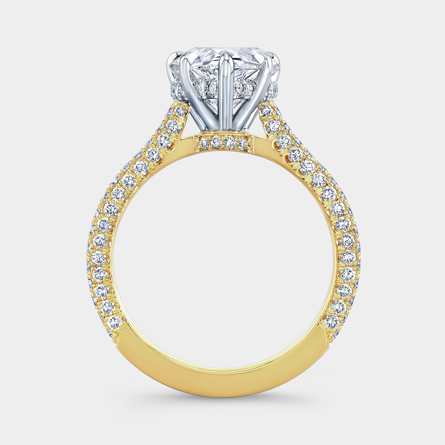Two tone pear diamond ring, halo, 3 sided pave.